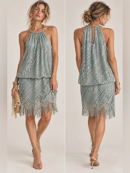 SLNY Dresses & Skirts - SLNY Metallic Crochet Lace Halter Fringe Dress Flapper Y2K Made in USA